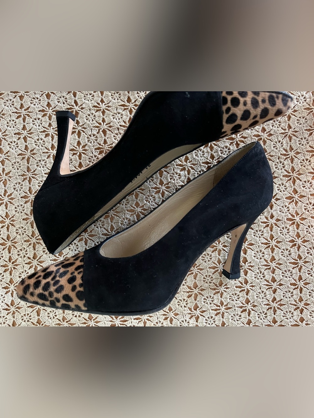 Martinez Valero Black Suede Pumps with Leopard Toe
